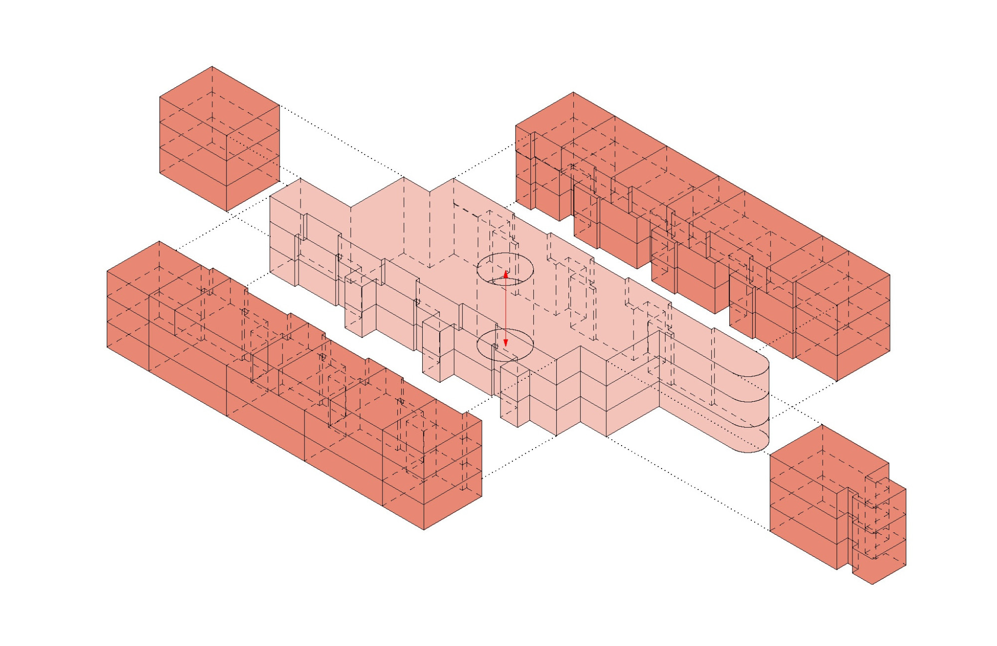 Axonometrie Organisationsprinzip Bettenhochhaus (hell: Gemeinschaftsflächen; dunkel: Wohnungen)